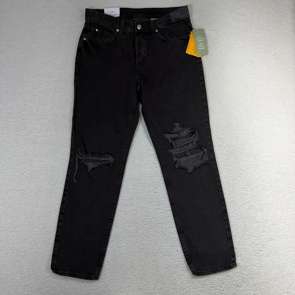 H&M &Denim Distressed 6 (30x27) Black Jeans Women's Button Fly Boyfriend Low NWT